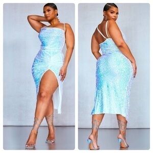 NWT PrettyLittleThing Iridescent White Sequin Cowl Neck Midi Dress Size 26